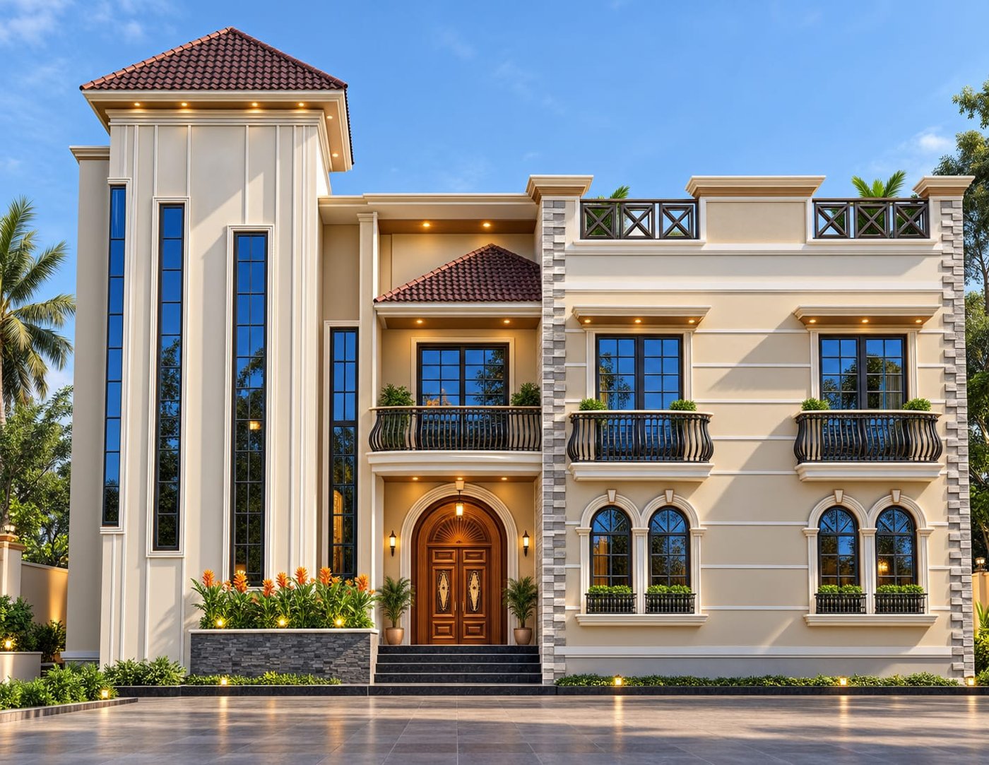 Two-storey villa with a terracotta tile-roofed tower, arched carved timber entrance door and wrought-iron balconies, Narail