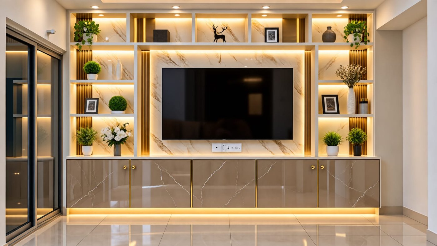 Marble-look TV wall with backlit display niches and gloss cabinets with brass edges