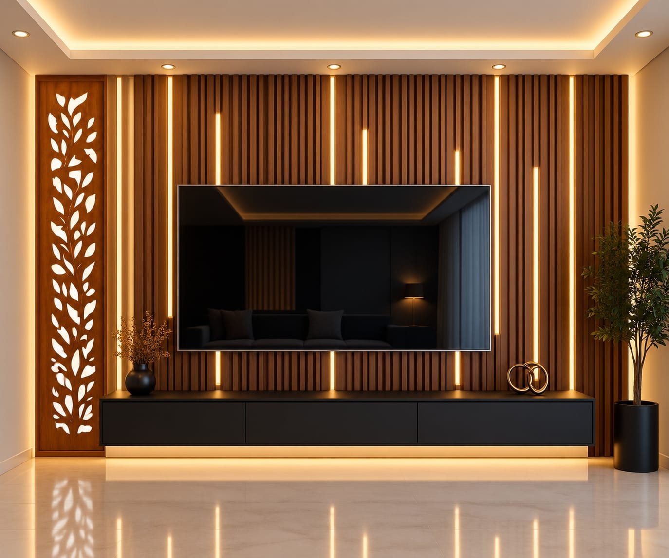 Timber fin TV wall with light strips and a backlit laser-cut leaf panel