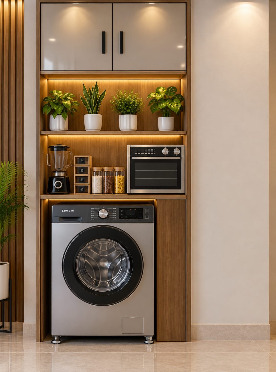 Full-height timber unit with washing machine, oven and plant shelves